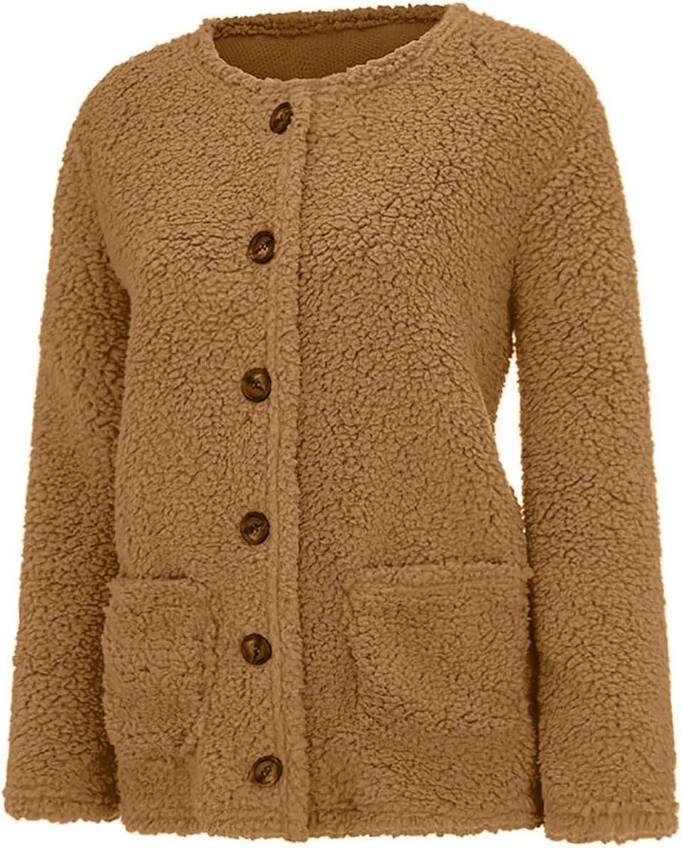 Fall Winter Coats for Women 2025 Casual Plush Jackets Plus Size Sweater Coat with Pockets Outerwear Buttons Cardigan