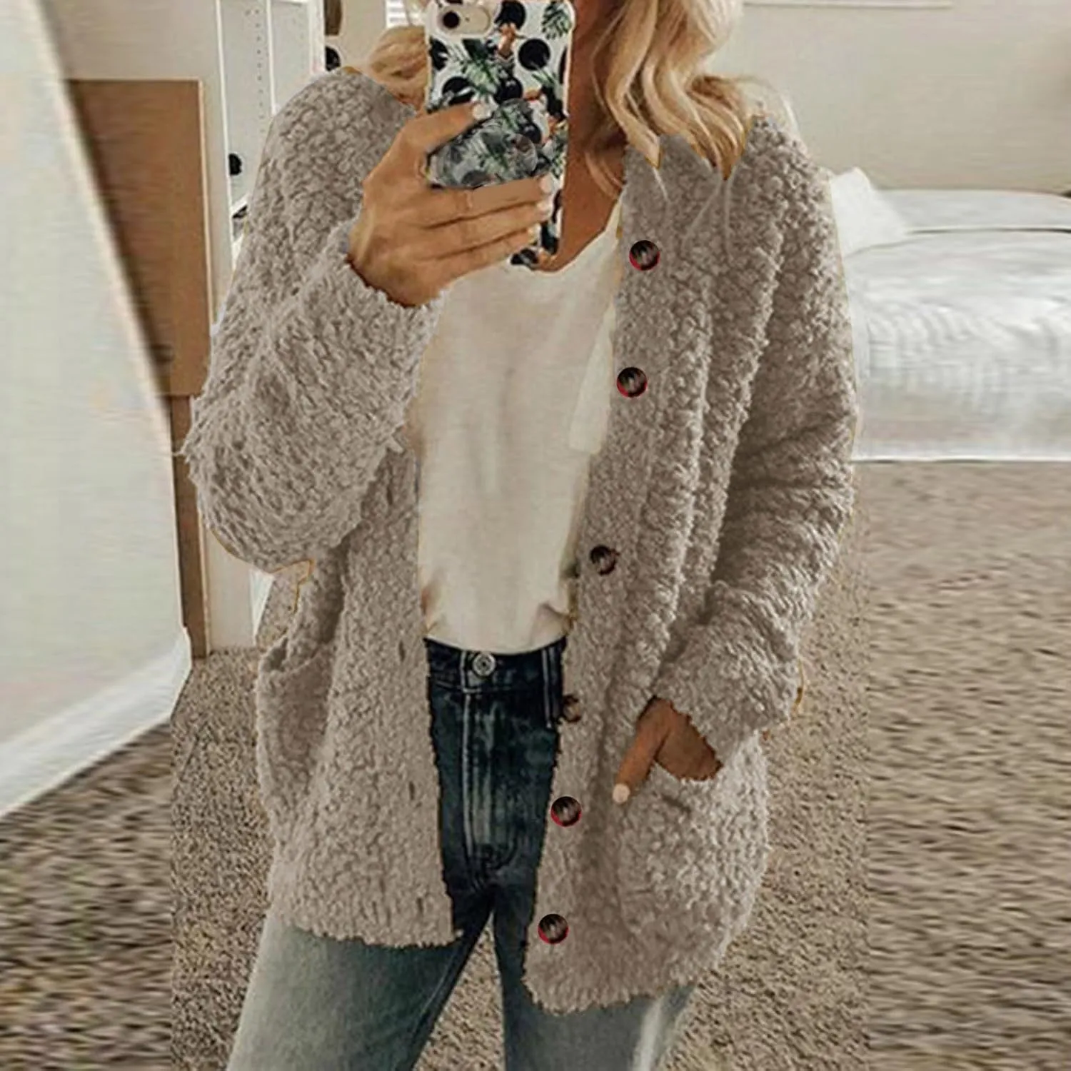 Fall Winter Coats for Women 2025 Casual Plush Jackets Plus Size Sweater Coat with Pockets Outerwear Buttons Cardigan