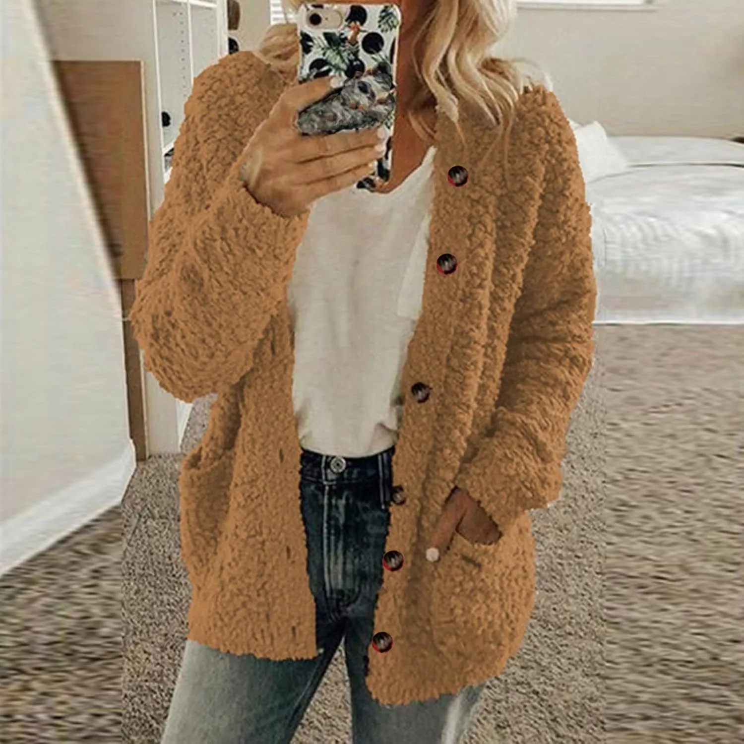 Fall Winter Coats for Women 2025 Casual Plush Jackets Plus Size Sweater Coat with Pockets Outerwear Buttons Cardigan