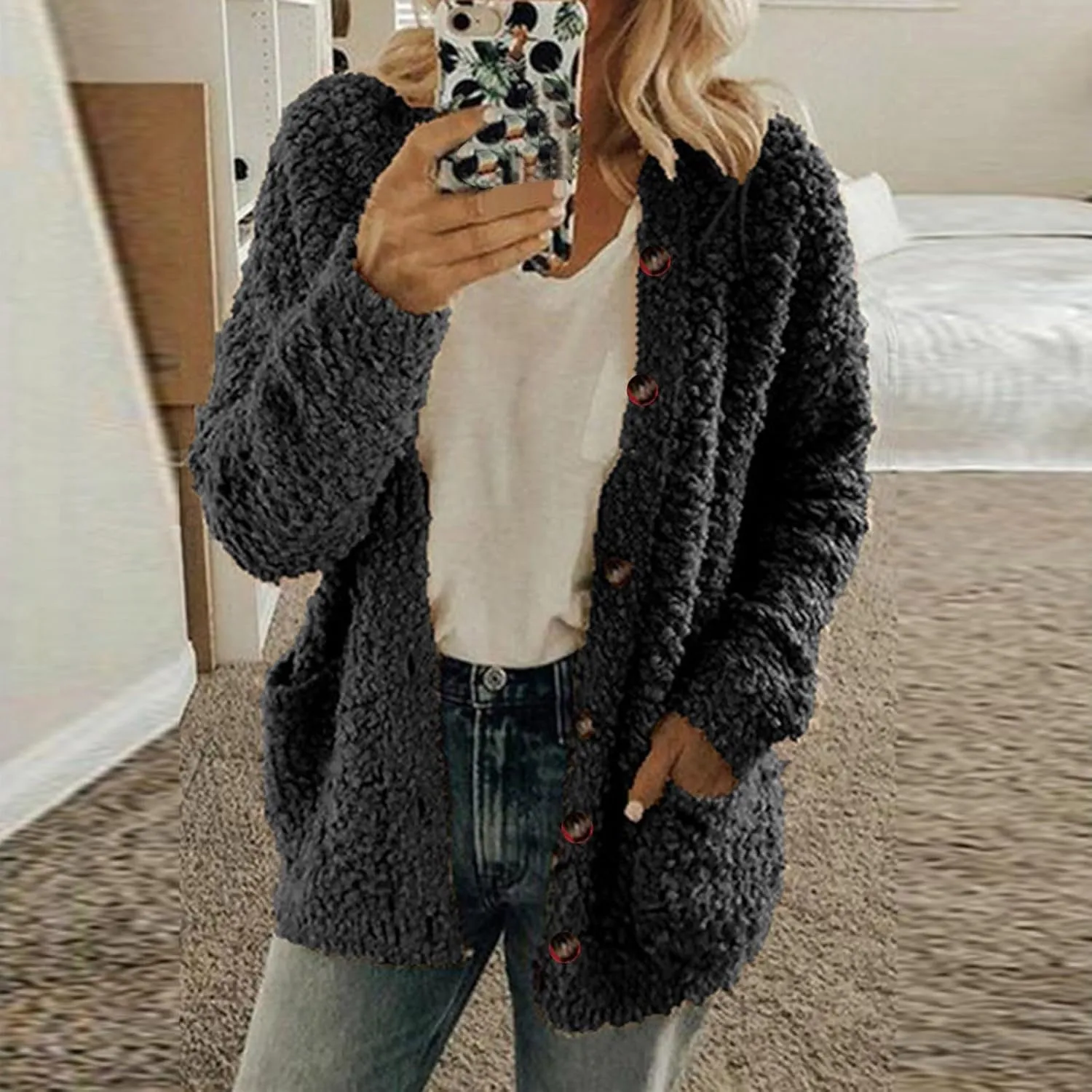 Fall Winter Coats for Women 2025 Casual Plush Jackets Plus Size Sweater Coat with Pockets Outerwear Buttons Cardigan