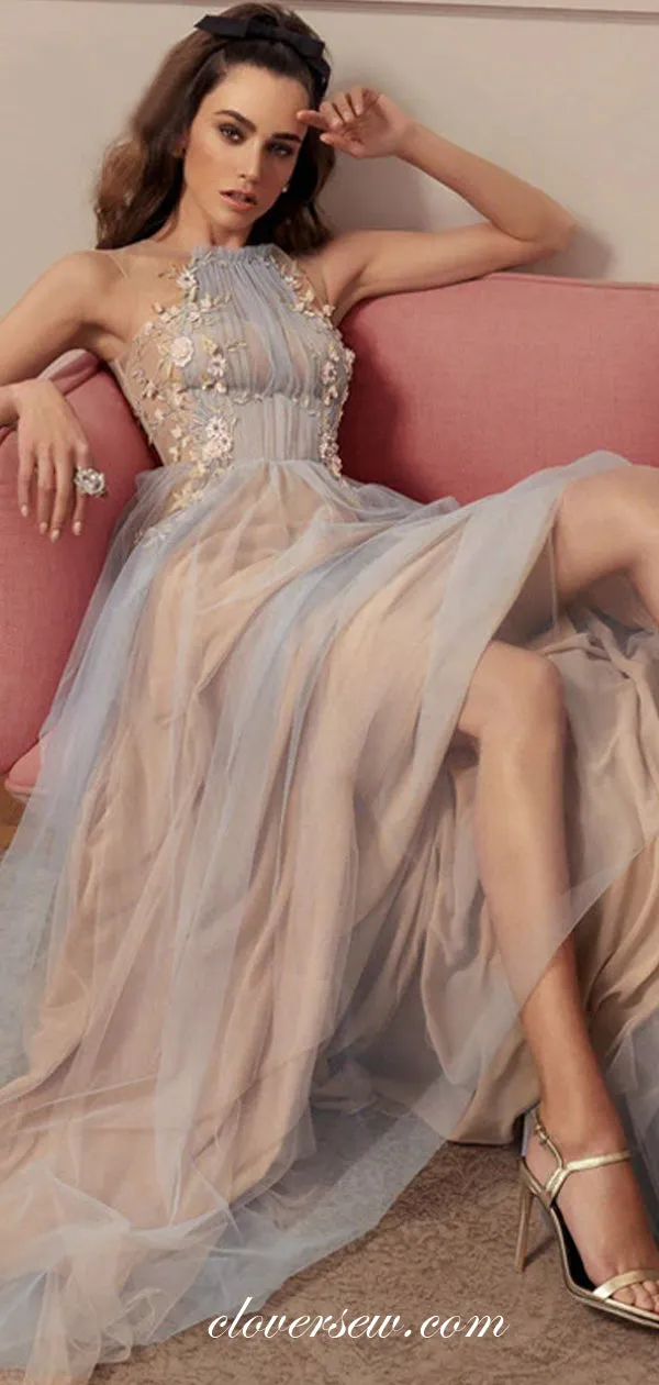 Fashion Applique Dusty Blue Blush Pink A-line Prom Dresses,CP0416