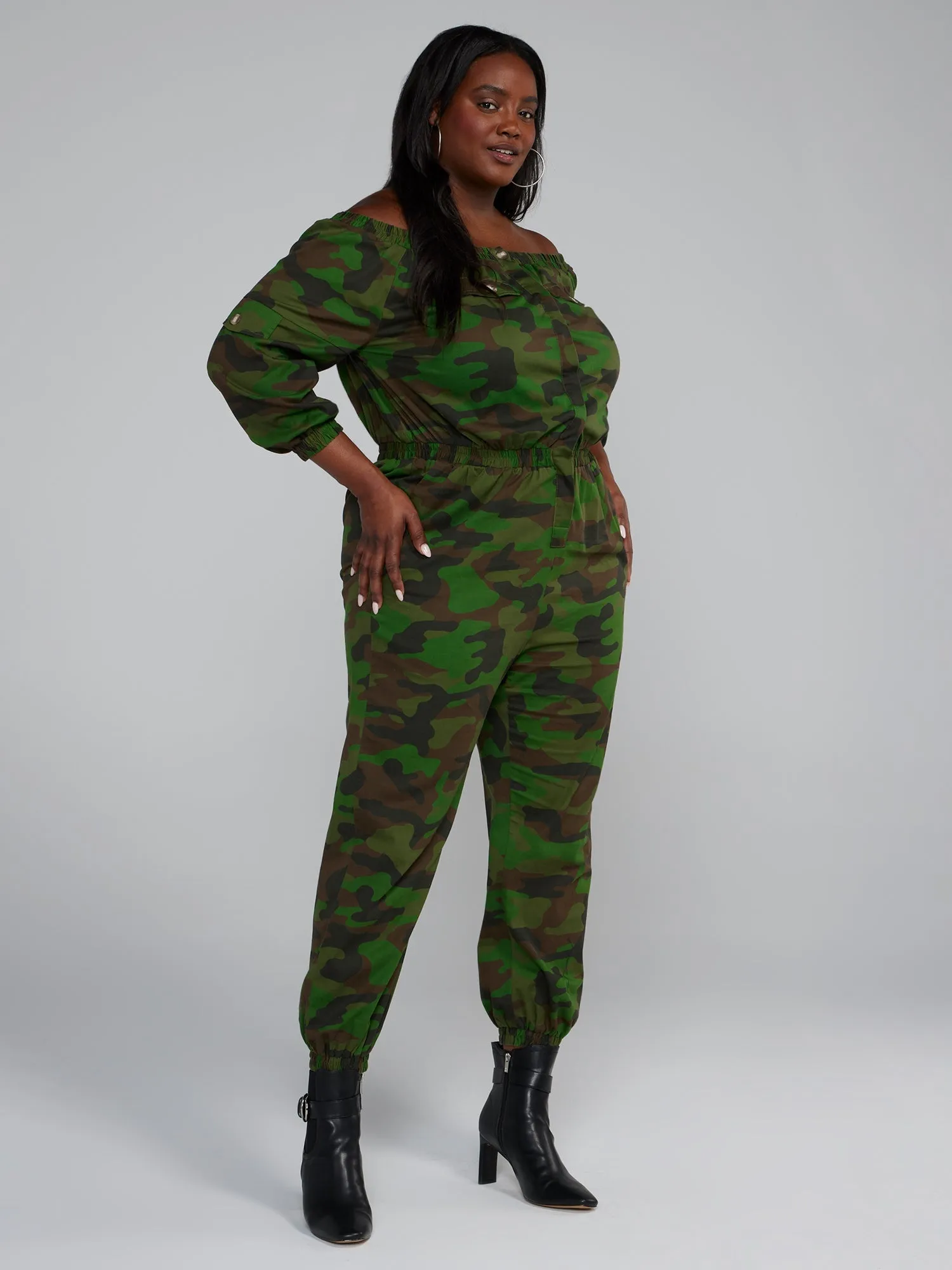 Fashion To Figure - Off-The-Shoulder Camo Jumpsuit