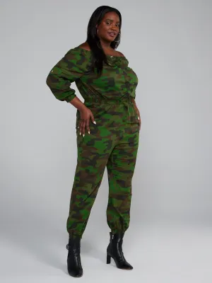 Fashion To Figure - Off-The-Shoulder Camo Jumpsuit