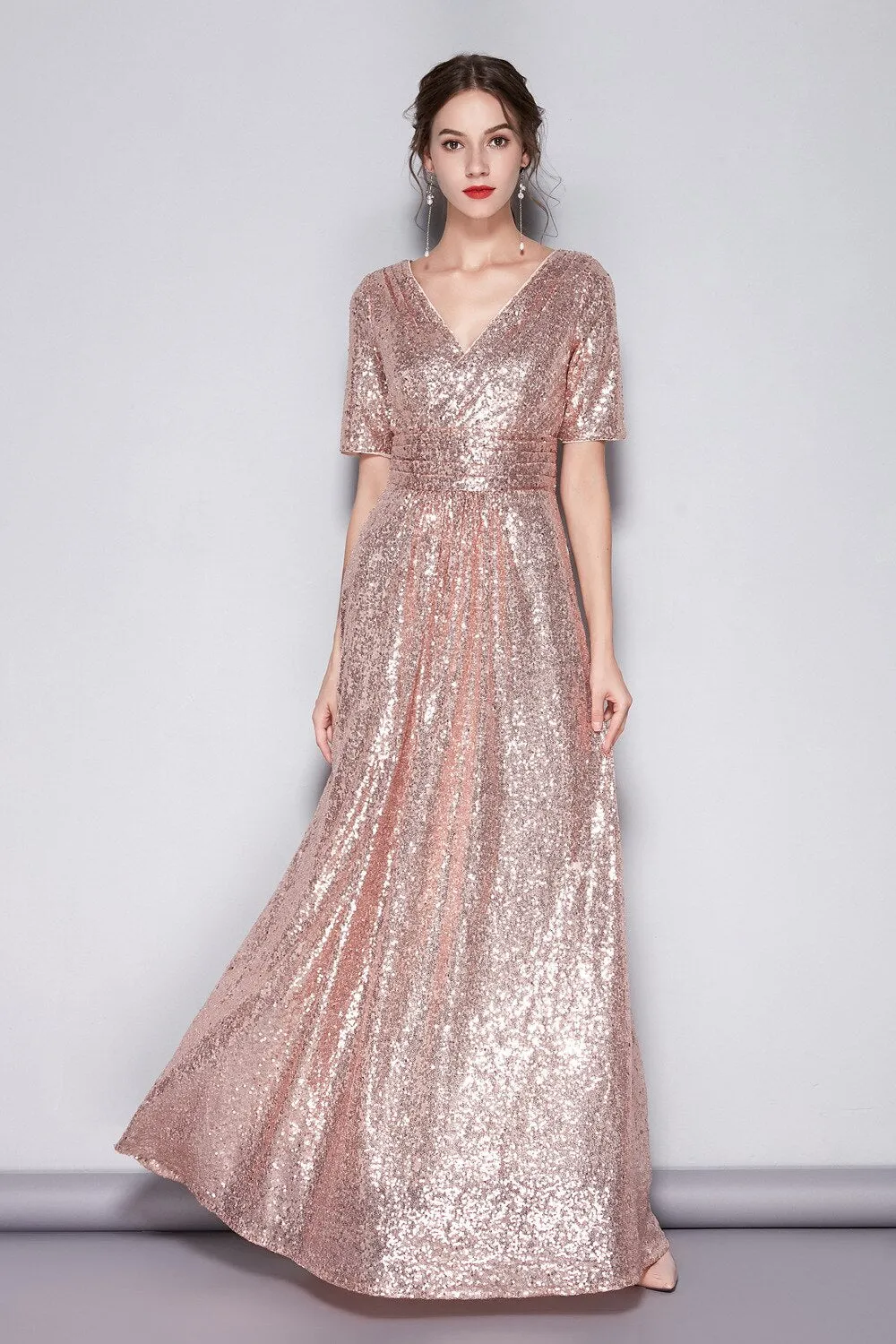 FashionSierra - Short Sleeves Sequined Ruched Fashion Long Party Prom Dresses