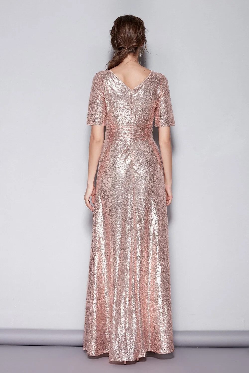 FashionSierra - Short Sleeves Sequined Ruched Fashion Long Party Prom Dresses