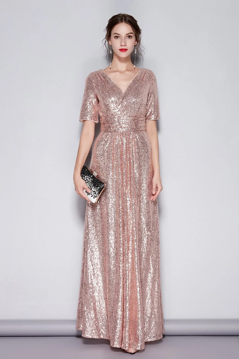 FashionSierra - Short Sleeves Sequined Ruched Fashion Long Party Prom Dresses