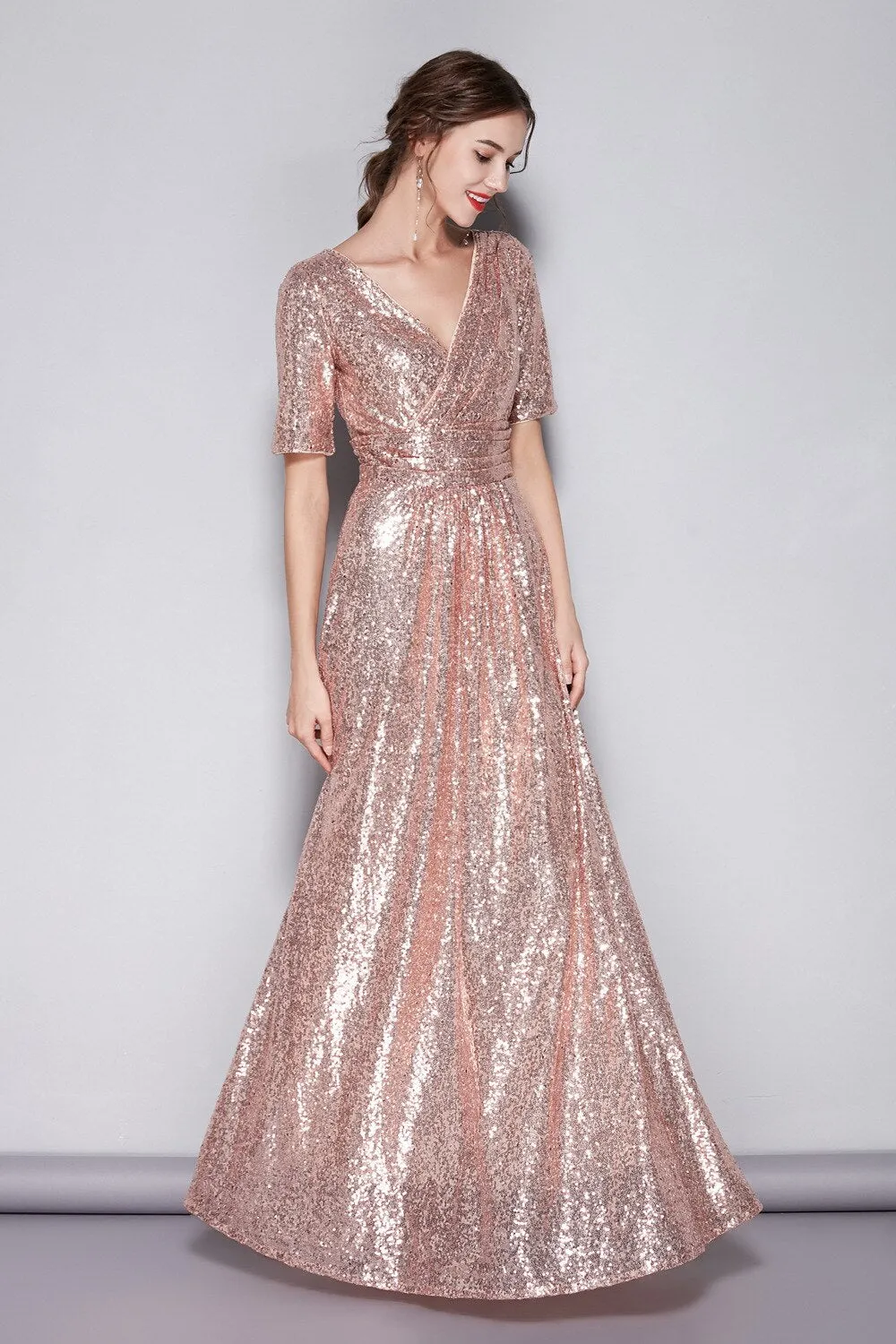 FashionSierra - Short Sleeves Sequined Ruched Fashion Long Party Prom Dresses