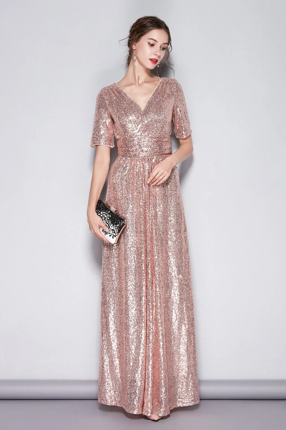 FashionSierra - Short Sleeves Sequined Ruched Fashion Long Party Prom Dresses