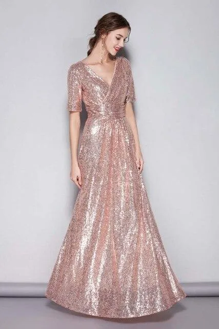 FashionSierra - Short Sleeves Sequined Ruched Fashion Long Party Prom Dresses