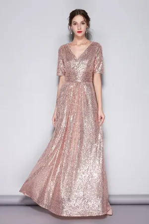FashionSierra - Short Sleeves Sequined Ruched Fashion Long Party Prom Dresses