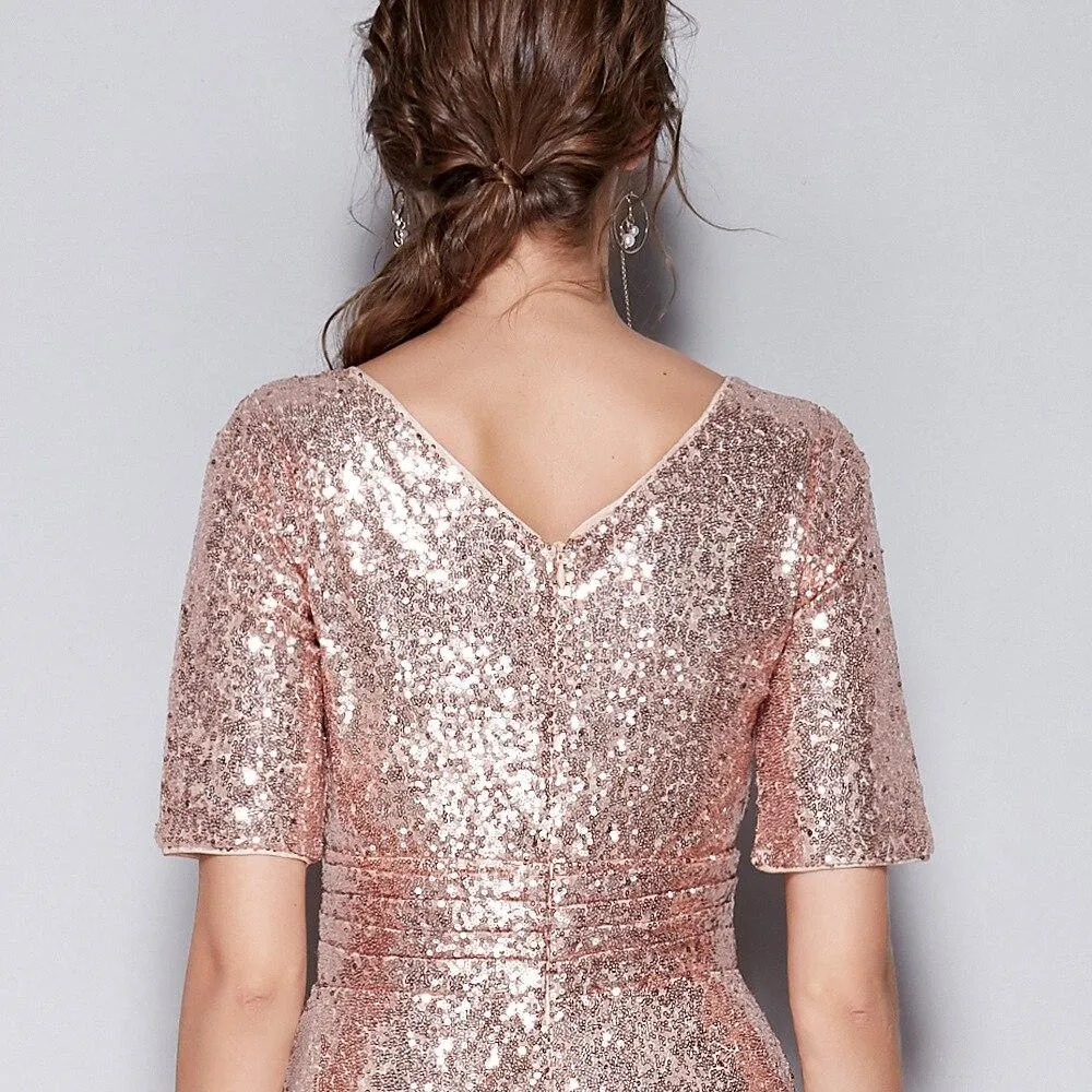 FashionSierra - Short Sleeves Sequined Ruched Fashion Long Party Prom Dresses