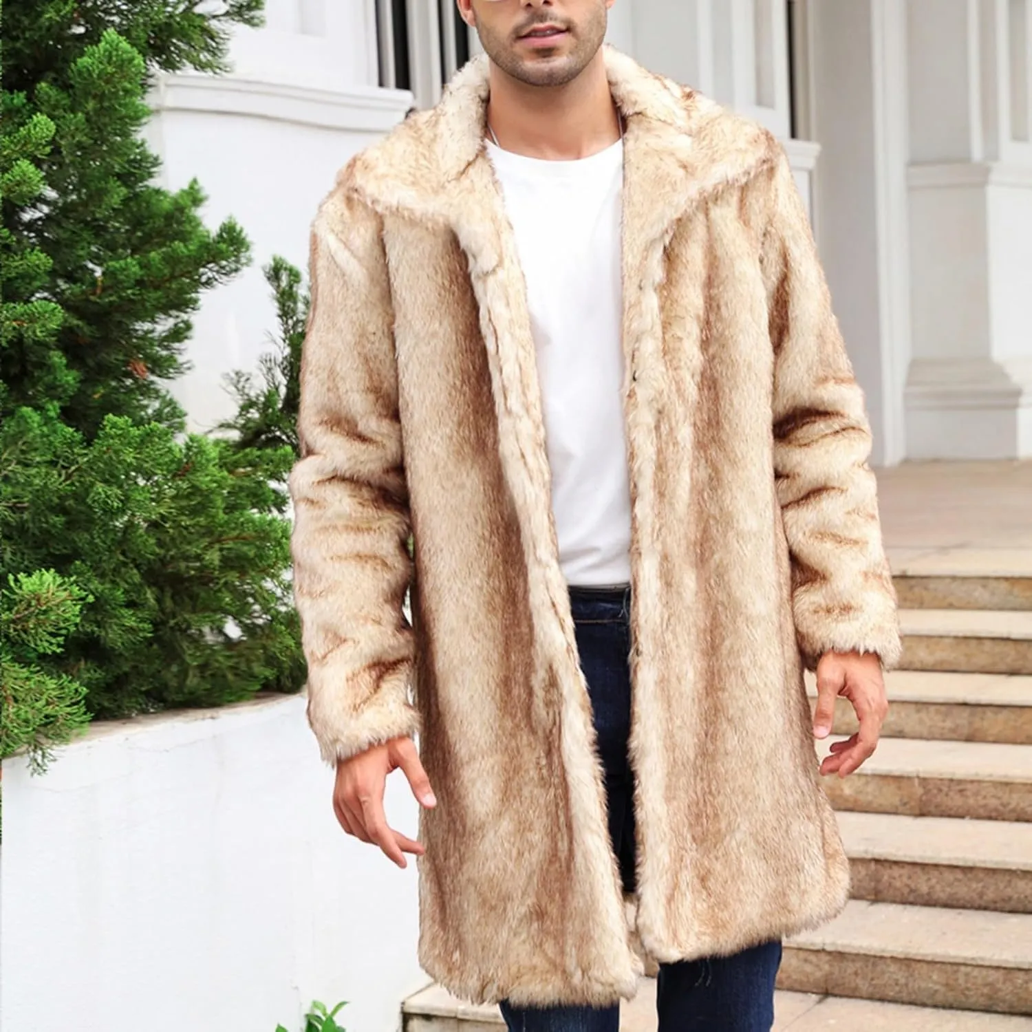Faux Fur Coat for Men Fluffy Soft Winter Warm Cardigan Outwear Casual Long Sleeve Thicken Overcoat Jacket with Pocket