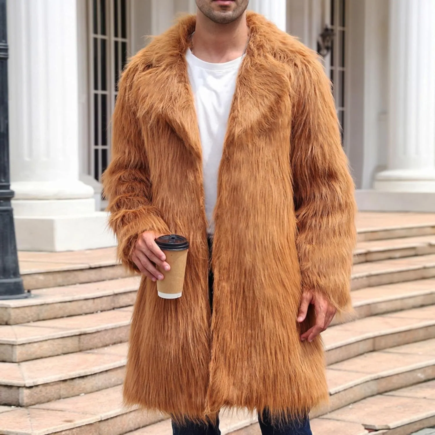Faux Fur Coat for Men Fluffy Soft Winter Warm Cardigan Outwear Casual Long Sleeve Thicken Overcoat Jacket with Pocket