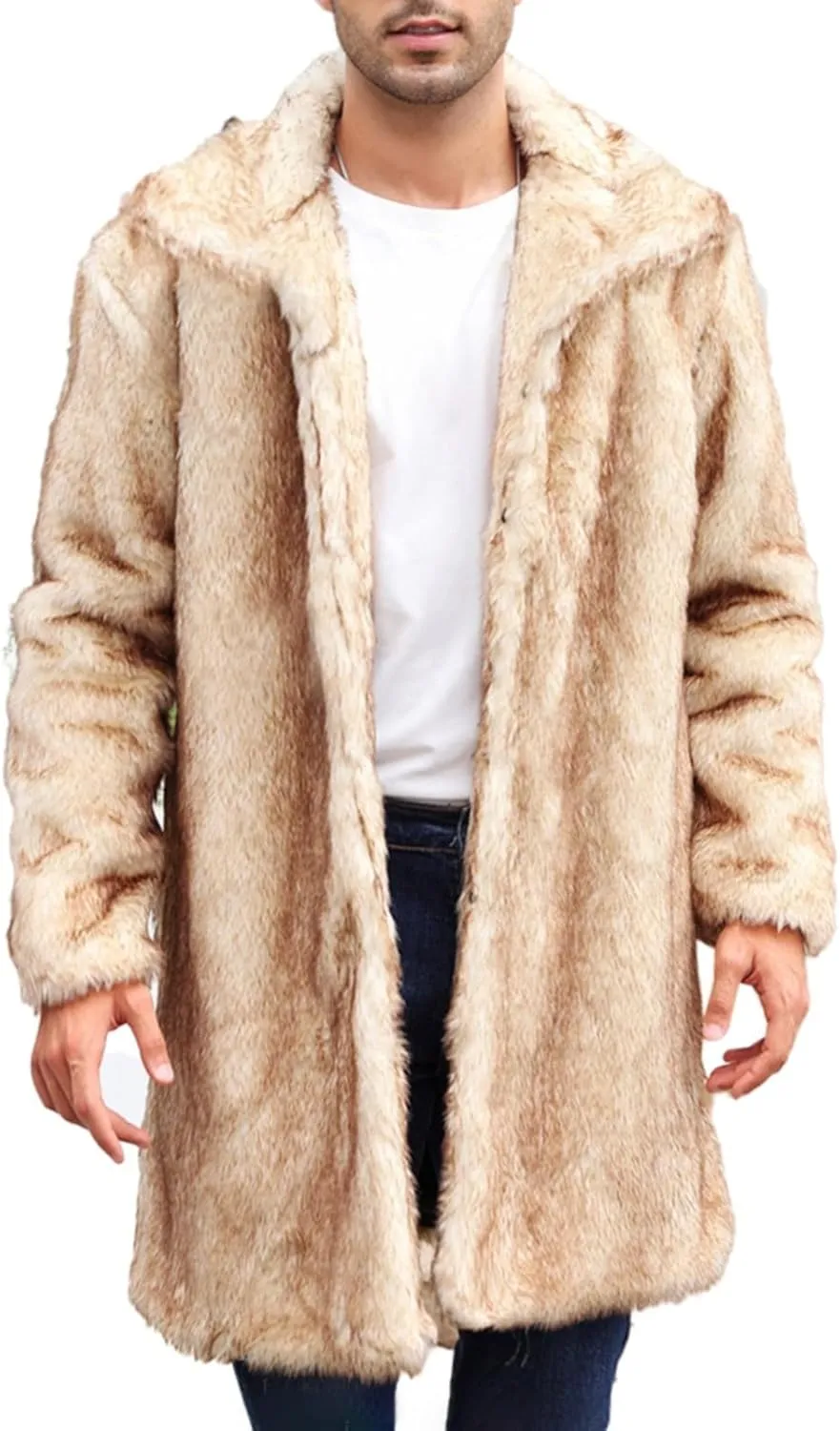 Faux Fur Coat for Men Fluffy Soft Winter Warm Cardigan Outwear Casual Long Sleeve Thicken Overcoat Jacket with Pocket