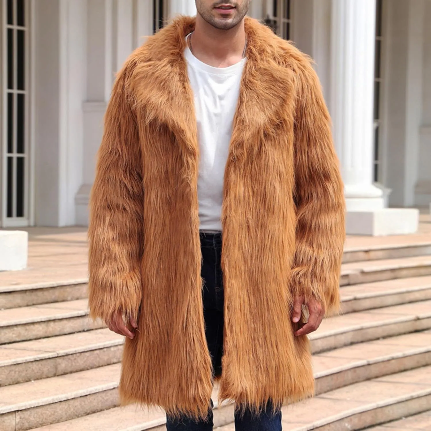 Faux Fur Coat for Men Fluffy Soft Winter Warm Cardigan Outwear Casual Long Sleeve Thicken Overcoat Jacket with Pocket