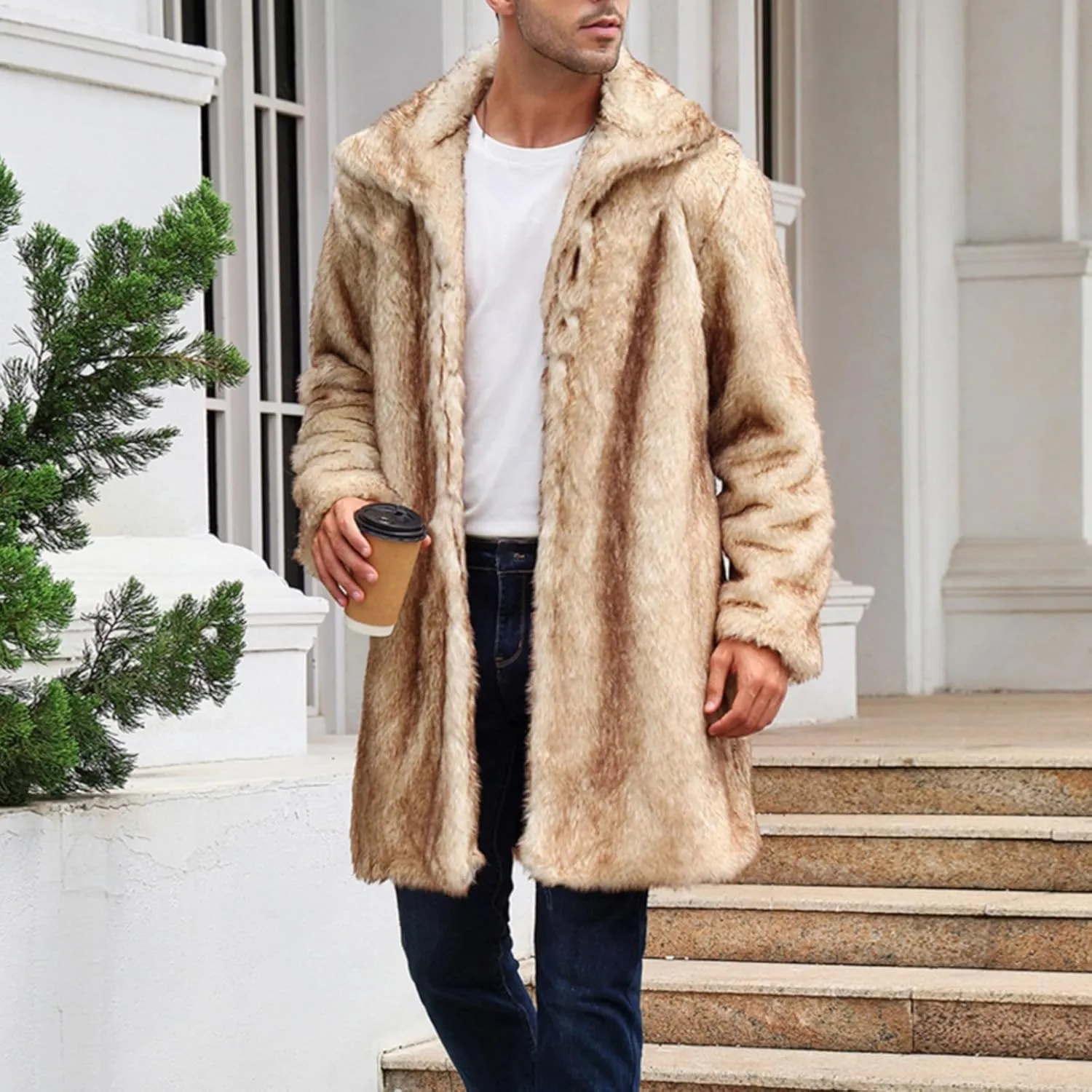 Faux Fur Coat for Men Fluffy Soft Winter Warm Cardigan Outwear Casual Long Sleeve Thicken Overcoat Jacket with Pocket