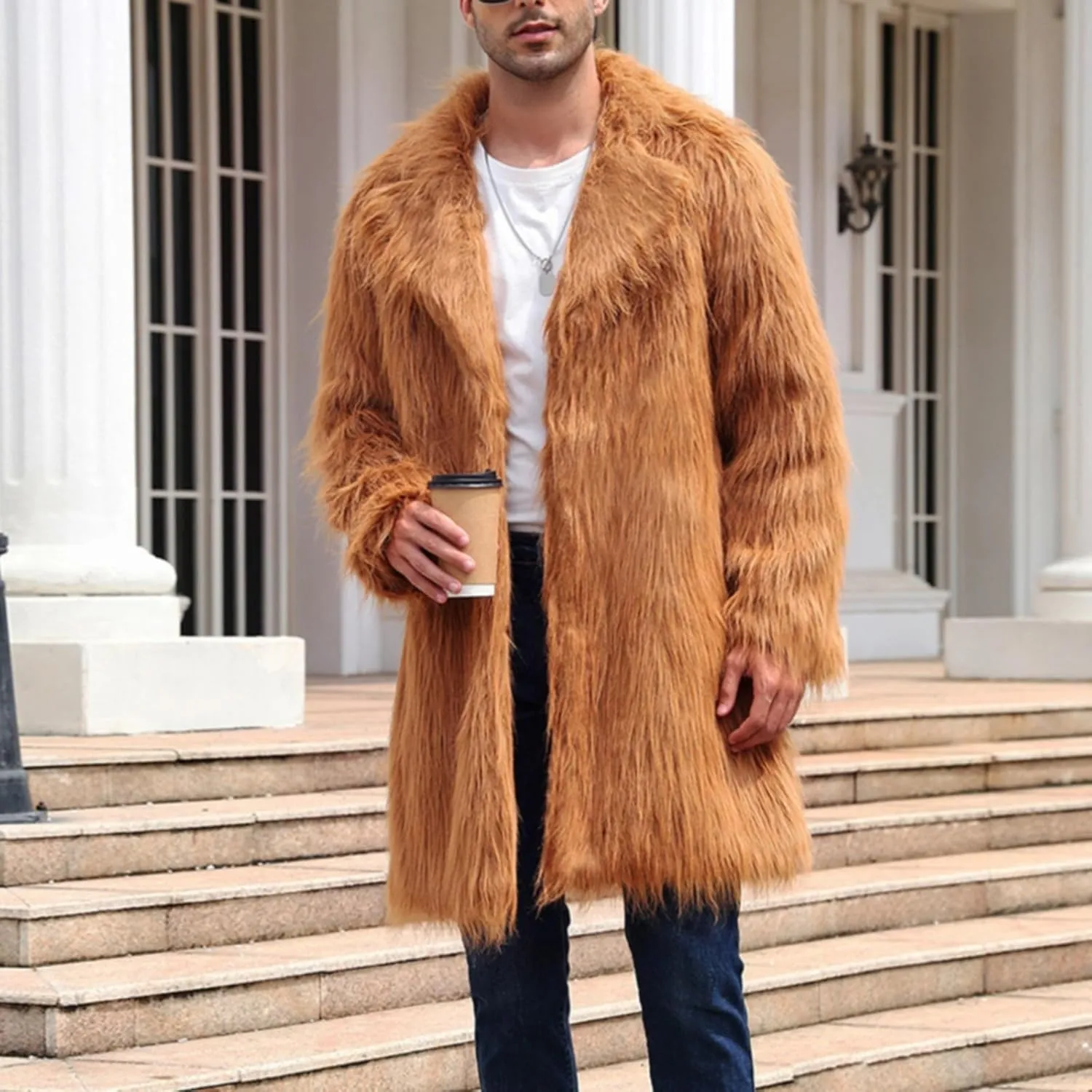 Faux Fur Coat for Men Fluffy Soft Winter Warm Cardigan Outwear Casual Long Sleeve Thicken Overcoat Jacket with Pocket
