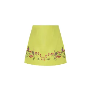 Faux Leather Embroidered Mini Skirt - Neon Green