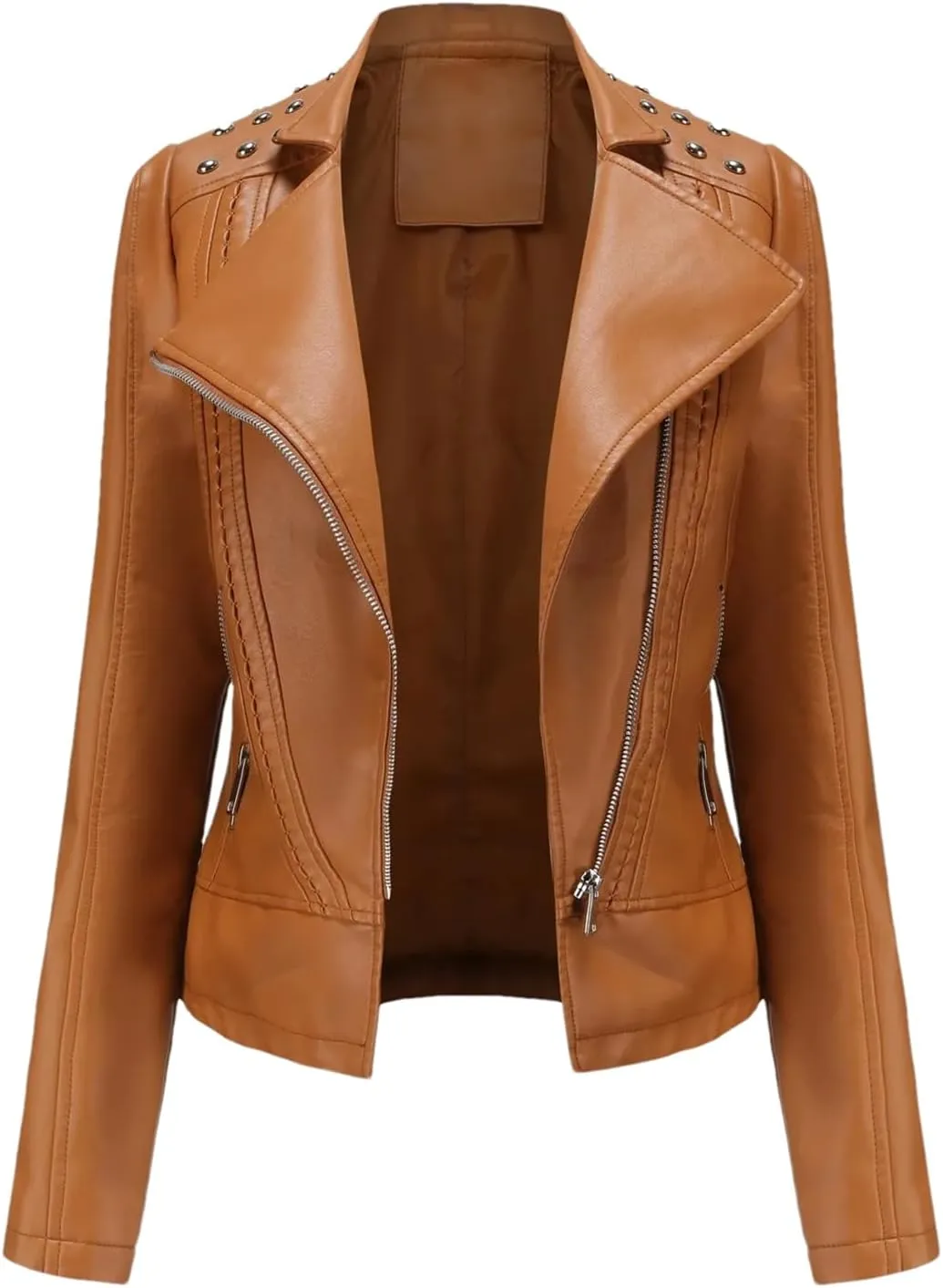 Faux Leather Jacket Women Rivet Motorcycle Jacket Spring Moto Biker Zipper Jacket Autumn Outerwear Black Brown