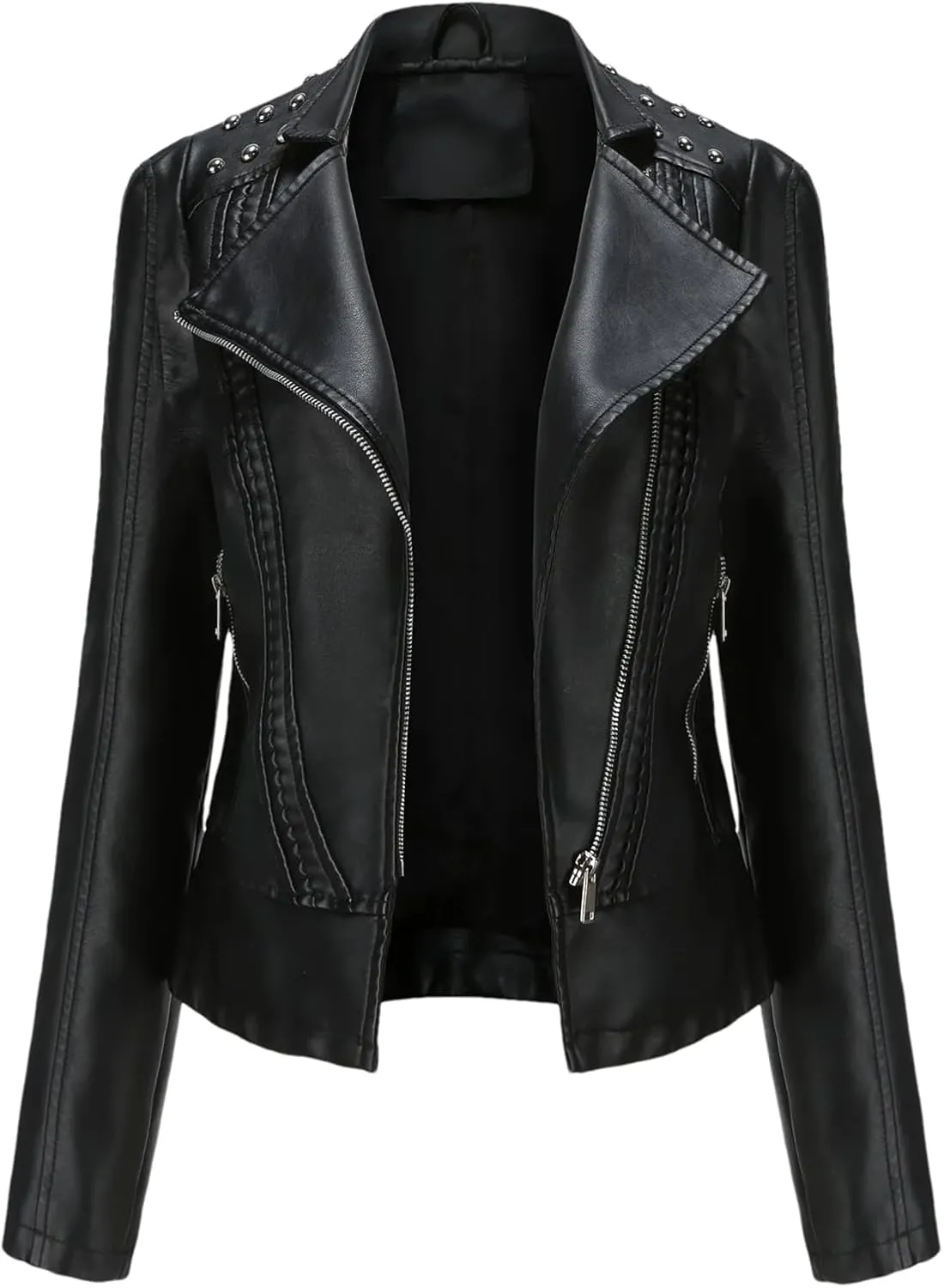 Faux Leather Jacket Women Rivet Motorcycle Jacket Spring Moto Biker Zipper Jacket Autumn Outerwear Black Brown