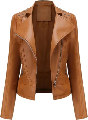 Faux Leather Jacket Women Rivet Motorcycle Jacket Spring Moto Biker Zipper Jacket Autumn Outerwear Black Brown