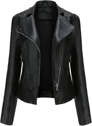 Faux Leather Jacket Women Rivet Motorcycle Jacket Spring Moto Biker Zipper Jacket Autumn Outerwear Black Brown