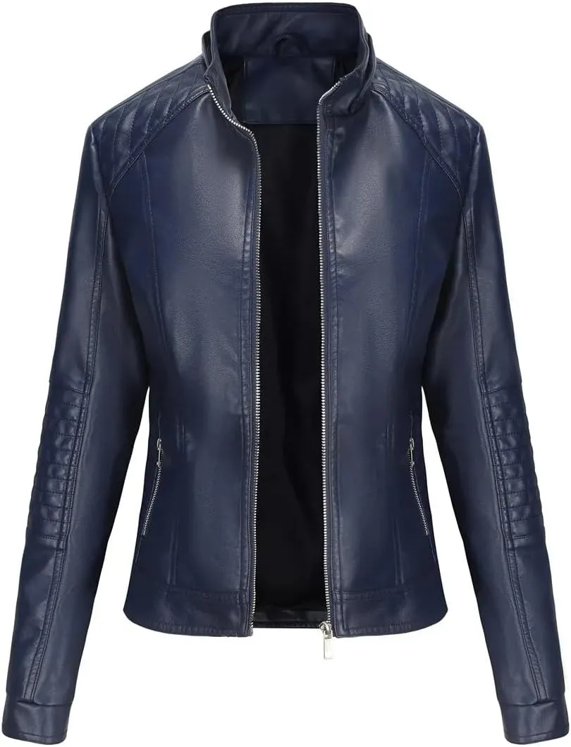 Faux Leather Jacket Women Stand Up Collar Female Coat Moto Biker Zipper Jacket Spring Autumn Brown Red Khaki Navy