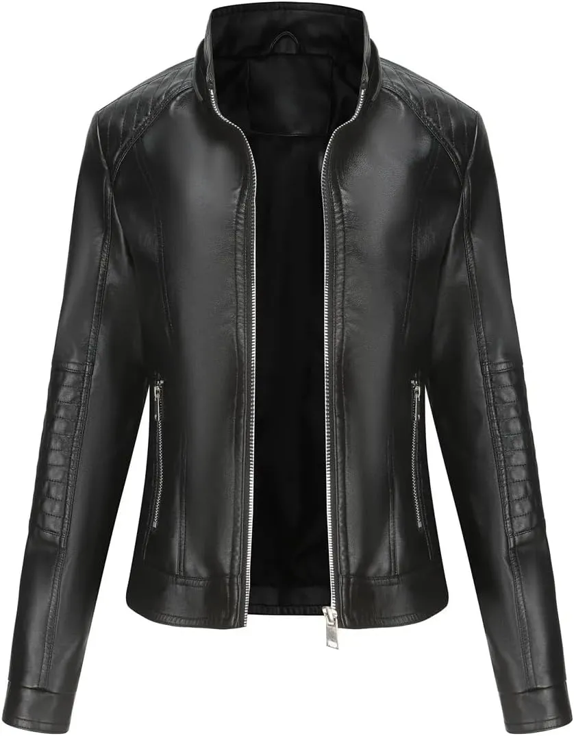 Faux Leather Jacket Women Stand Up Collar Female Coat Moto Biker Zipper Jacket Spring Autumn Brown Red Khaki Navy