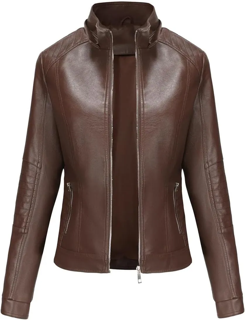 Faux Leather Jacket Women Stand Up Collar Female Coat Moto Biker Zipper Jacket Spring Autumn Brown Red Khaki Navy