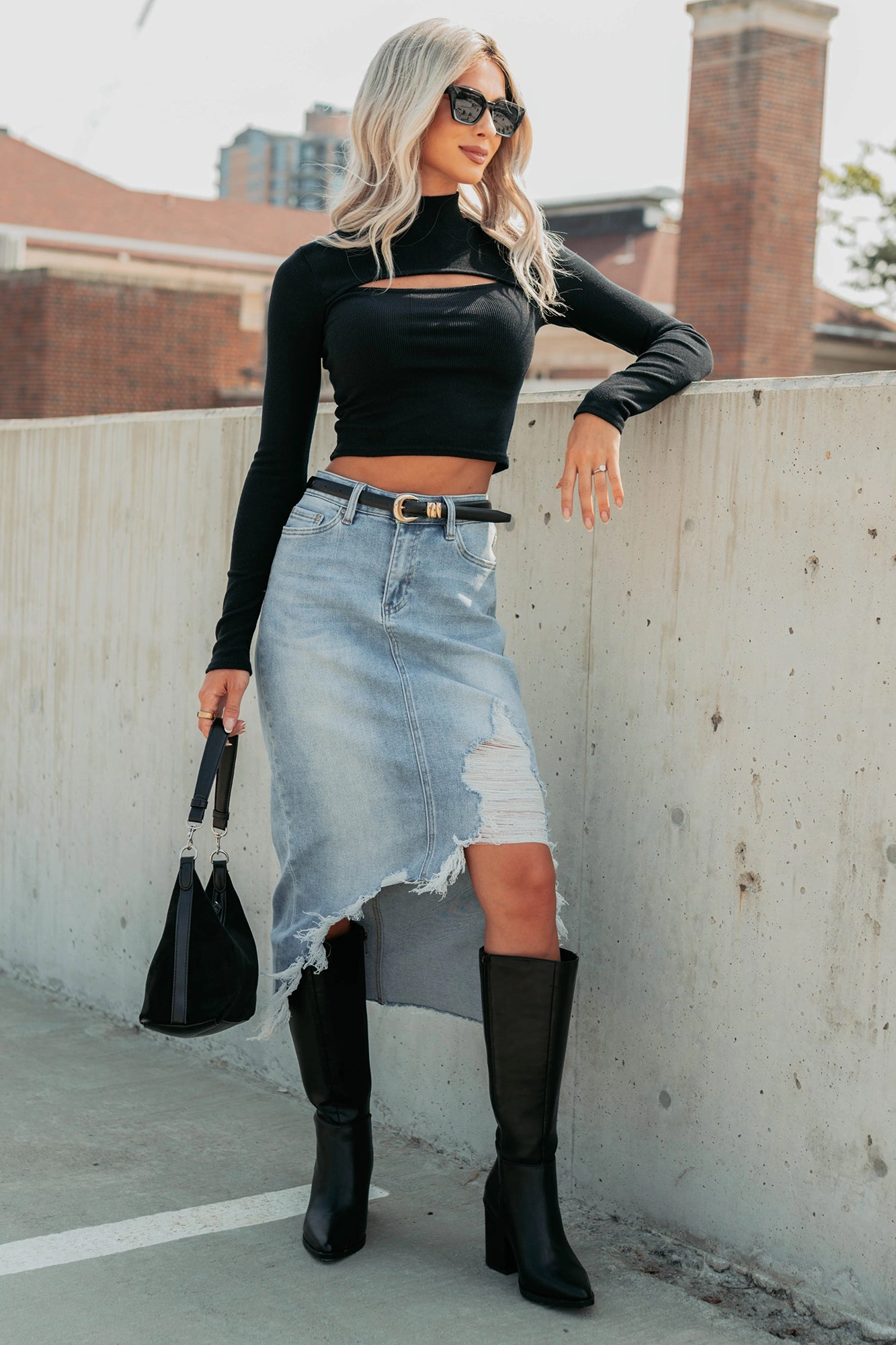 Fearless Energy Distressed Midi Skirt (Wild Blue)