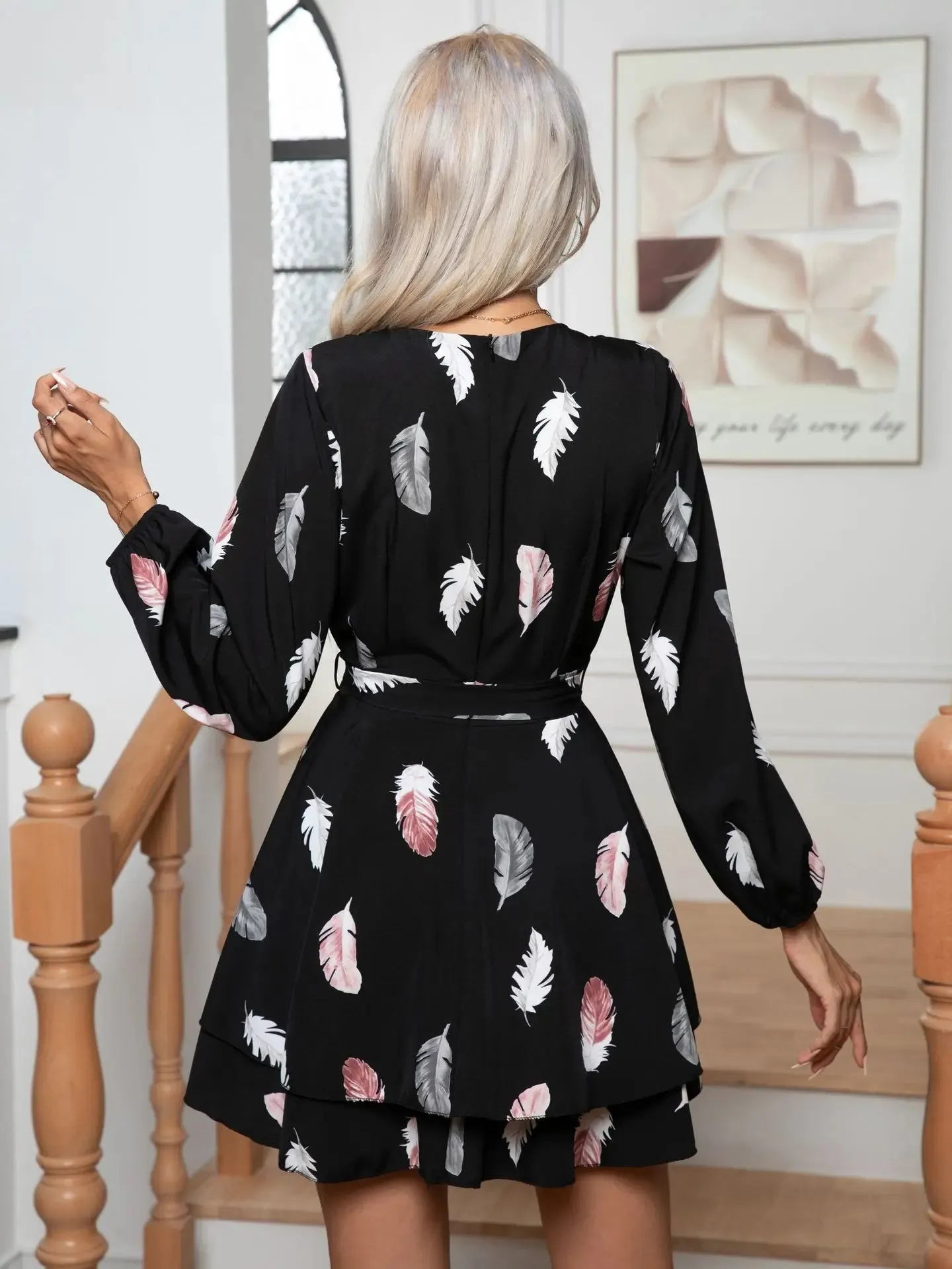Feather Printed Multi-layer Hem V-neck Mini Dress for Women with Ruffle Lace-up Full Sleeve