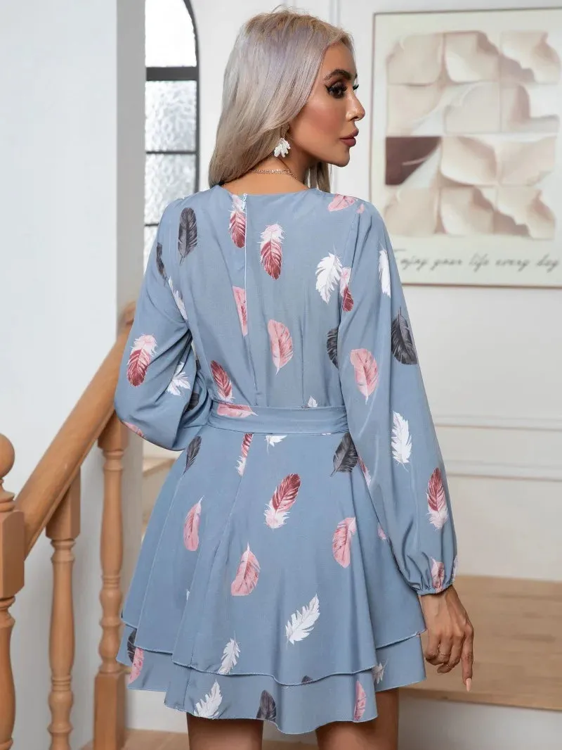 Feather Printed Multi-layer Hem V-neck Mini Dress for Women with Ruffle Lace-up Full Sleeve
