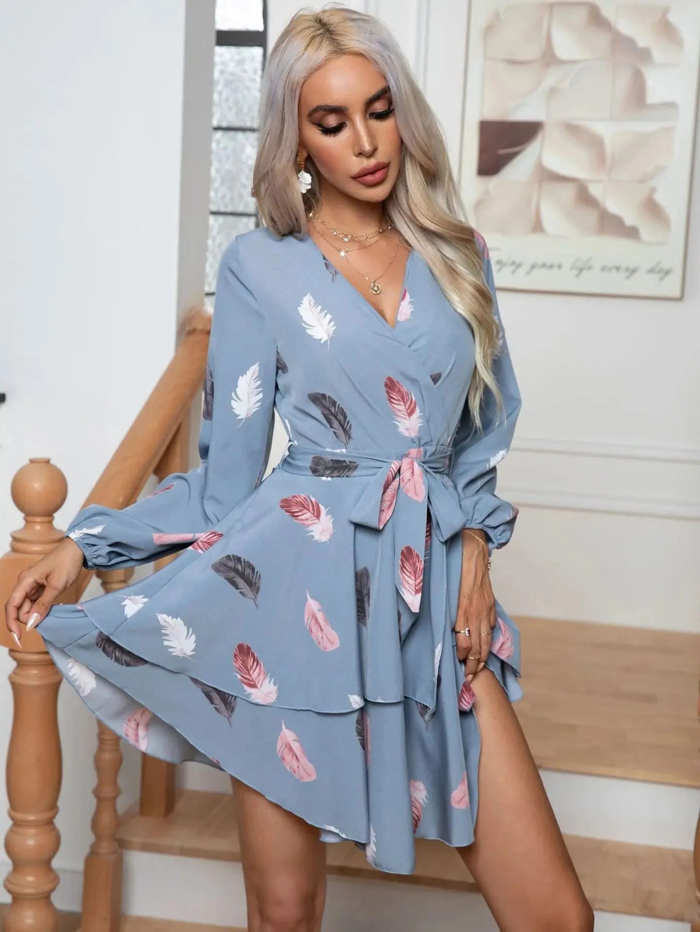 Feather Printed Multi-layer Hem V-neck Mini Dress for Women with Ruffle Lace-up Full Sleeve