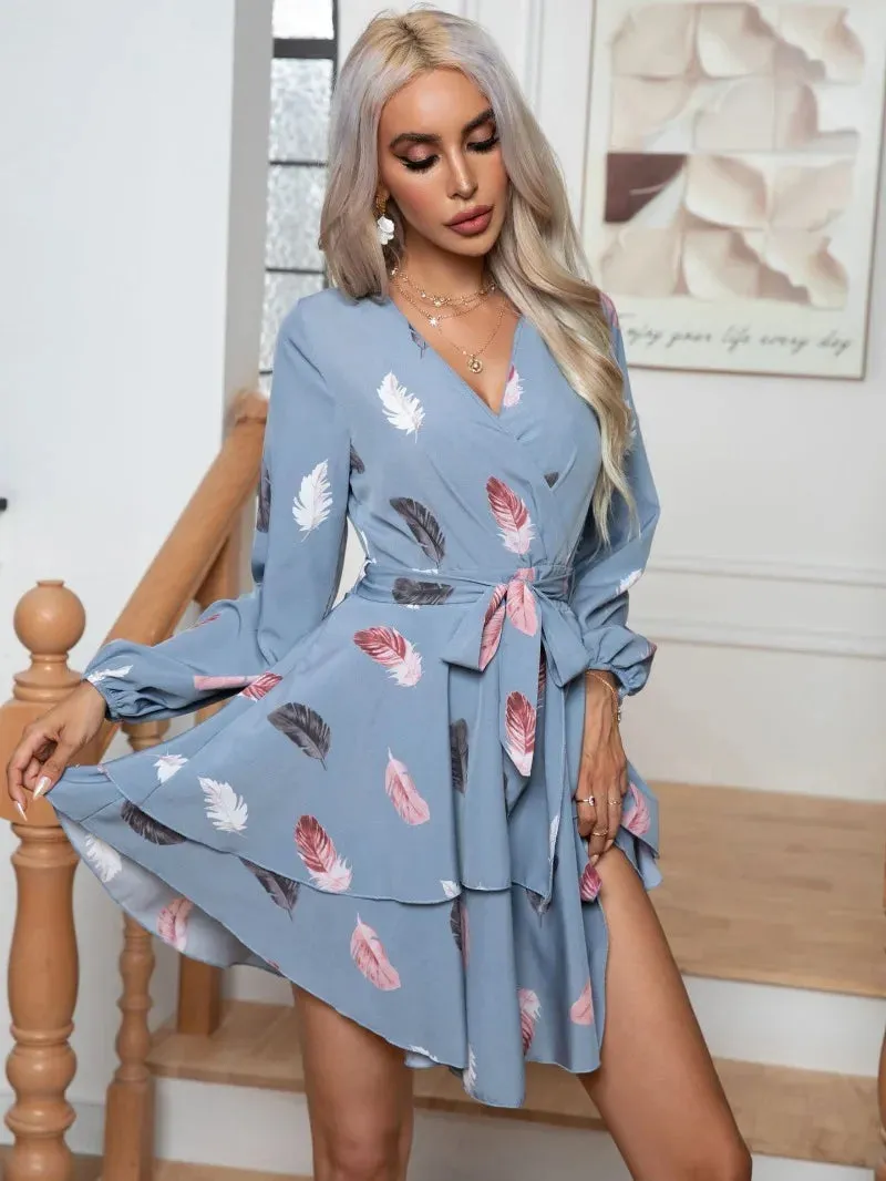 Feather Printed Multi-layer Hem V-neck Mini Dress for Women with Ruffle Lace-up Full Sleeve