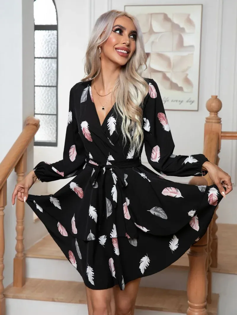 Feather Printed Multi-layer Hem V-neck Mini Dress for Women with Ruffle Lace-up Full Sleeve