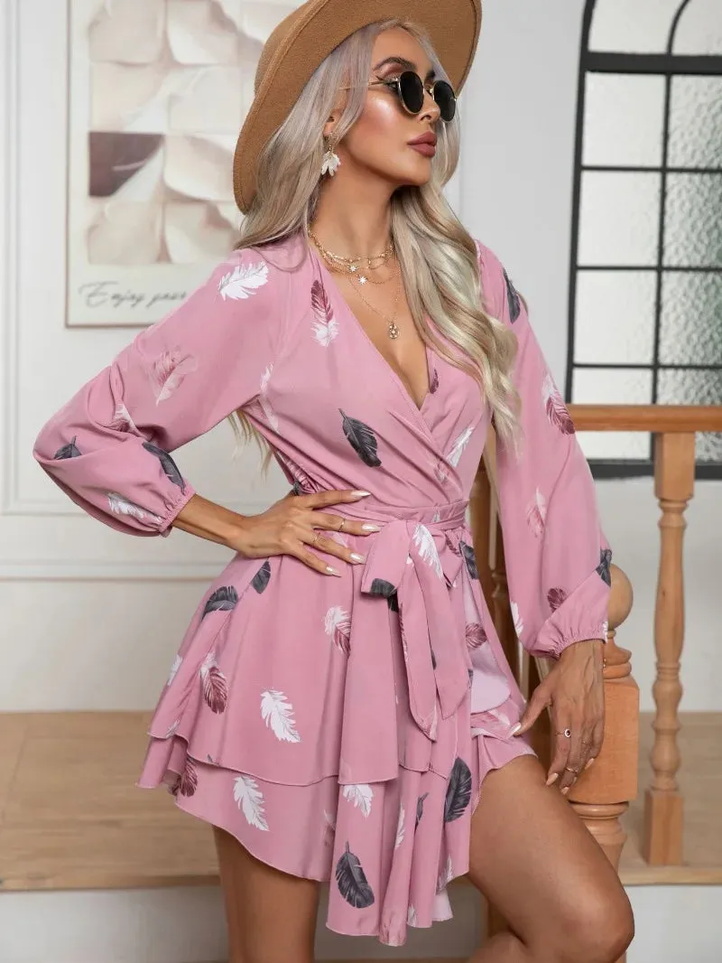 Feather Printed Multi-layer Hem V-neck Mini Dress for Women with Ruffle Lace-up Full Sleeve