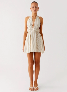 Figaro Halter Mini Dress - Taupe Stripe Figaro Halter Mini Dress - Taupe Stripe