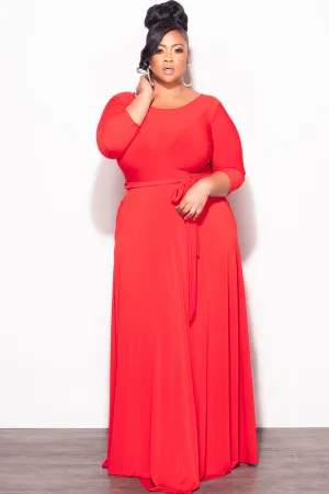Final Plus Size Long Dress with 3/4 Sleeve and Tie in Red Final Plus Size Long Dress with 3/4 Sleeve and Tie in Red