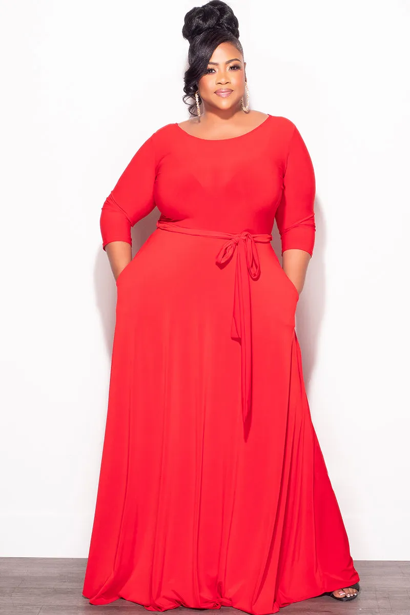 Final Plus Size Long Dress with 3/4 Sleeve and Tie in Red