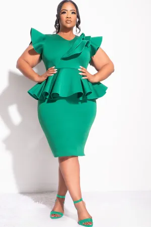 Final Plus Size Ruffle Peplum BodyCon Dress in Green Scuba Final Plus Size Ruffle Peplum BodyCon Dress in Green Scuba