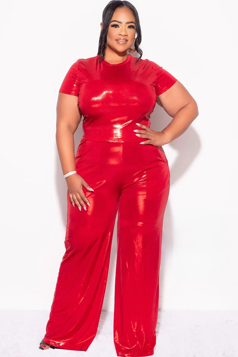 Final Sale Plus Size 2pc Crop Top & Palazzo Pant Set in Metallic Red