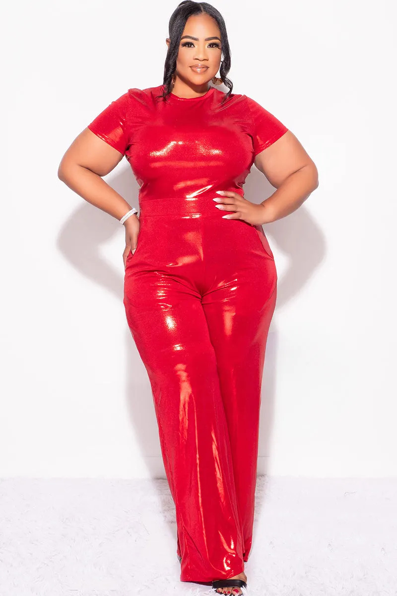 Final Sale Plus Size 2pc Crop Top & Palazzo Pant Set in Metallic Red
