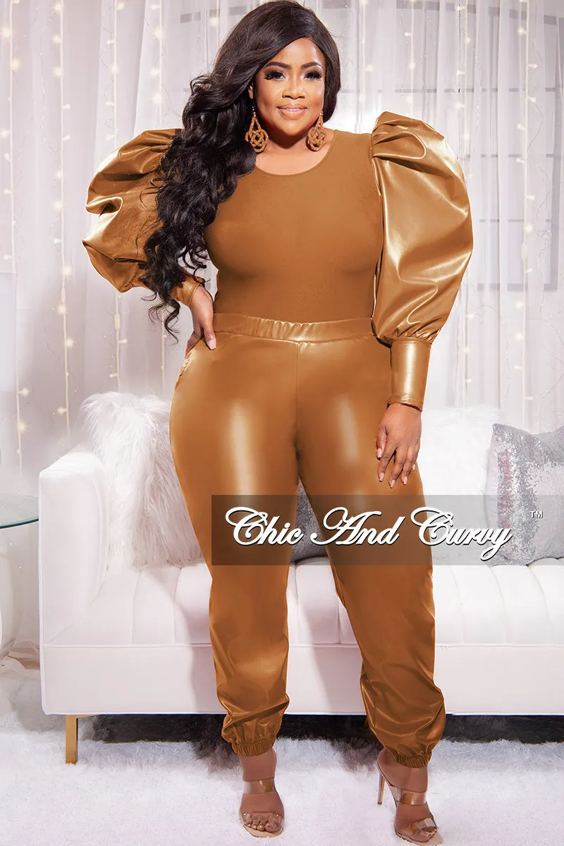 Final Sale Plus Size 2pc Faux Leather Puff Sleeve Top and Pants Set in Cognac