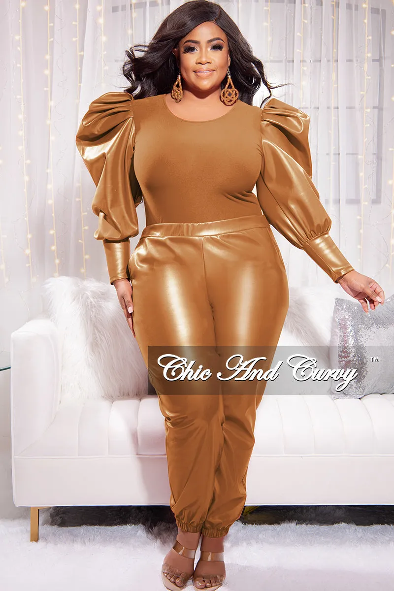 Final Sale Plus Size 2pc Faux Leather Puff Sleeve Top and Pants Set in Cognac