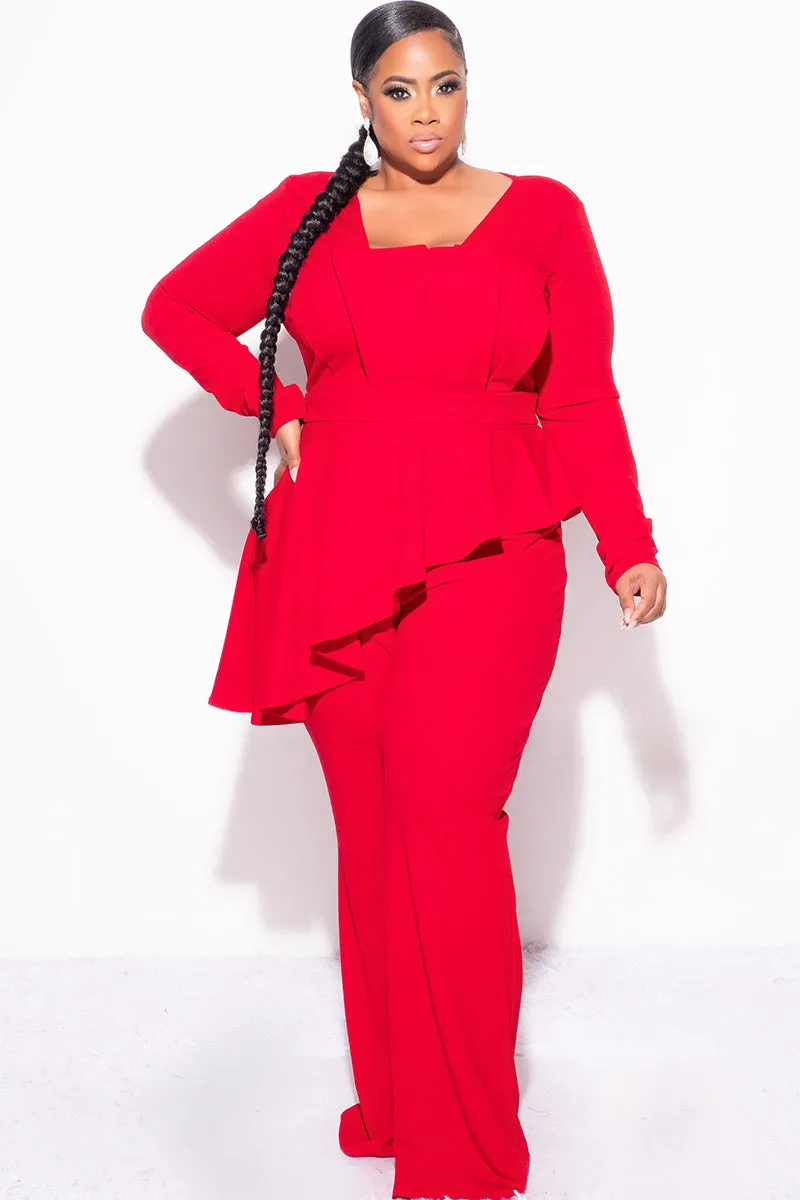 Final Sale Plus Size Asymmetrical Ruffle Peplum Jumpsuit in Red