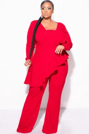 Final Sale Plus Size Asymmetrical Ruffle Peplum Jumpsuit in Red Final Sale Plus Size Asymmetrical Ruffle Peplum Jumpsuit in Red