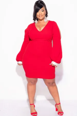 Final Sale Plus Size BodyCon Dress with Slit Sleeves and Rhinestone Cuff in Red Final Sale Plus Size BodyCon Dress with Slit Sleeves and Rhinestone Cuff in Red