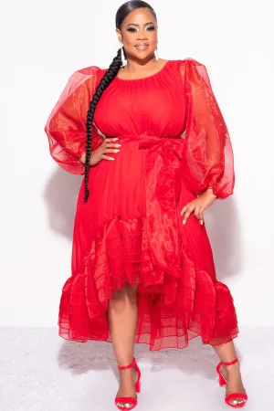 Final Sale Plus Size Chiffon Ruffle Highlow Dress with Tie in Red Final Sale Plus Size Chiffon Ruffle Highlow Dress with Tie in Red