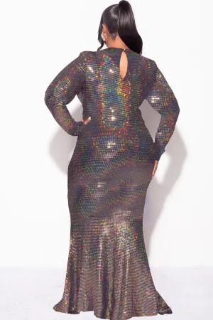 Final Sale Plus Size Confetti Dot Knit Sequin Faux Wrap Gown With Front Slit In Gold with Black Background Final Sale Plus Size Confetti Dot Knit Sequin Faux Wrap Gown With Front Slit In Gold with Black Background