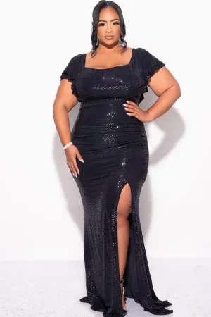 Final Sale Plus Size Confetti Dot Knit Sequin Flutter Sleeve Gown with Side Slit in Black Final Sale Plus Size Confetti Dot Knit Sequin Flutter Sleeve Gown with Side Slit in Black